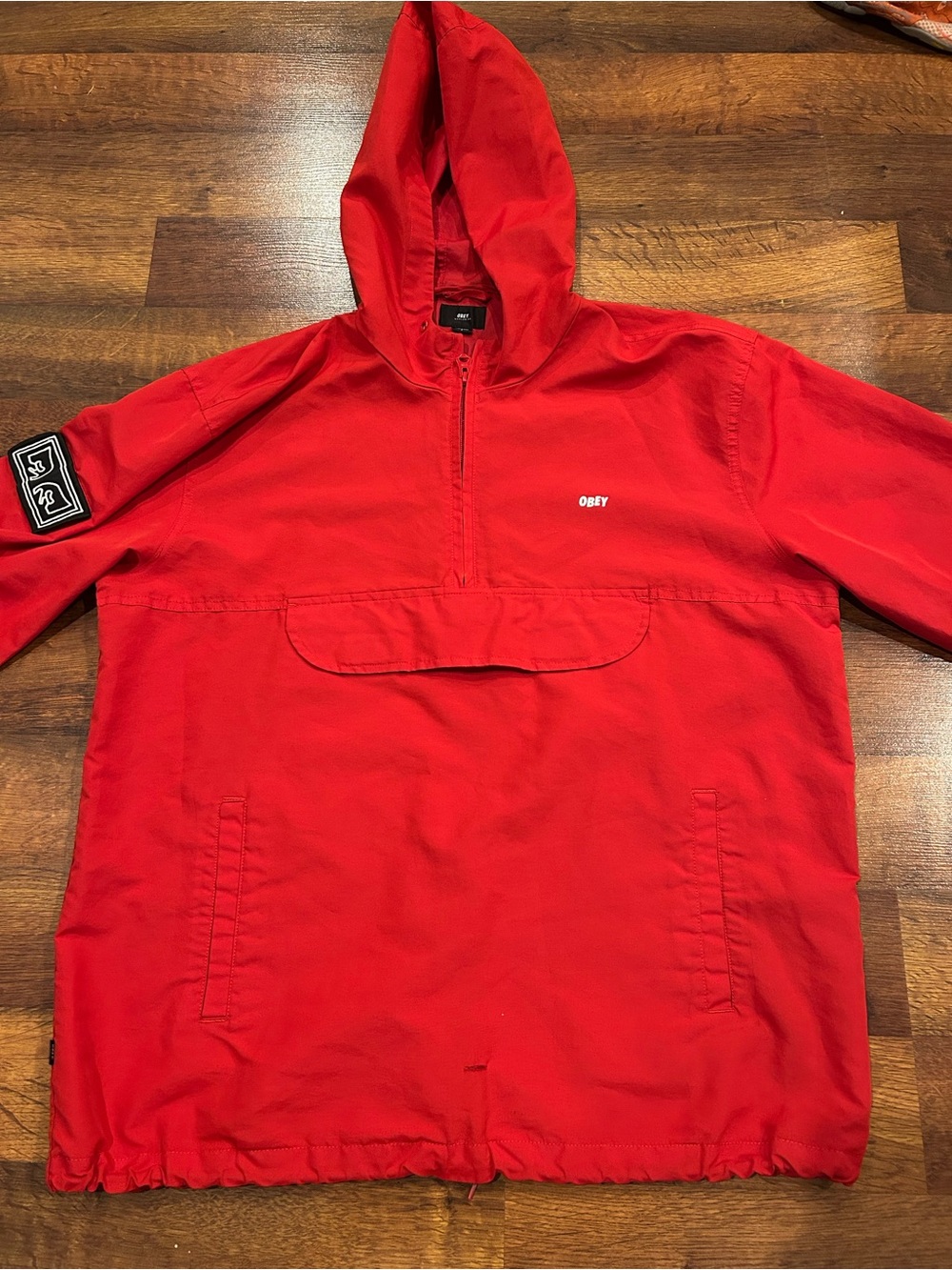 OBEY Men’s Red Hooded Anorak Jacket Pullover Pocket Size L Windbreaker Casual